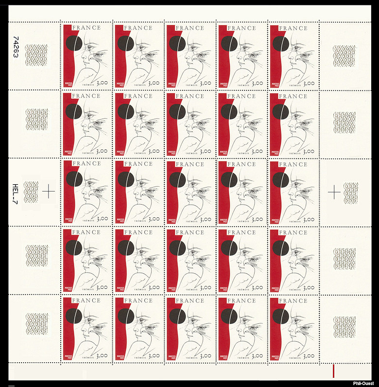 Feuille de 25 timbres de l´œuvre originale de Pierre-Yves Trémois<br />«Visage de l´aigle»