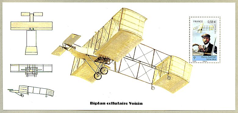Souvenir philatélique Henry Farman 1874-1958 - Biplan cellulaire Voisin