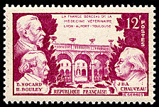 Image du timbre E. Nocard, H. Bouley et J.B.A. Chauveau-La France berceau de la recherche vétérinaire - Lyon - Alfort -Toulouse