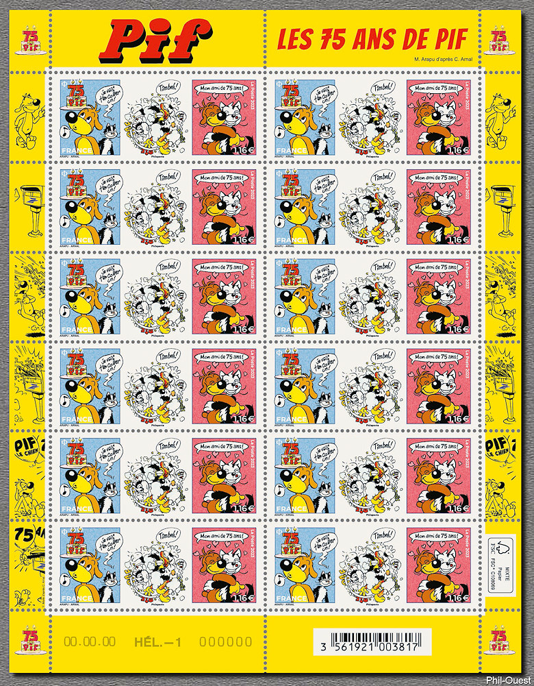 Feuille de  12 timbres des 75 ans de Pif le chien
