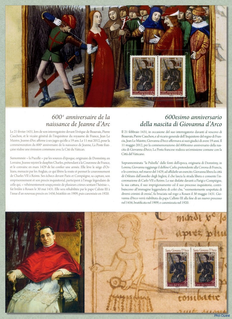 600<sup>ème</sup> anniversaire de la naissance de Jeanne d´Arc.<br />Pochette de deux paires de timbres  France et Cité du Vatican