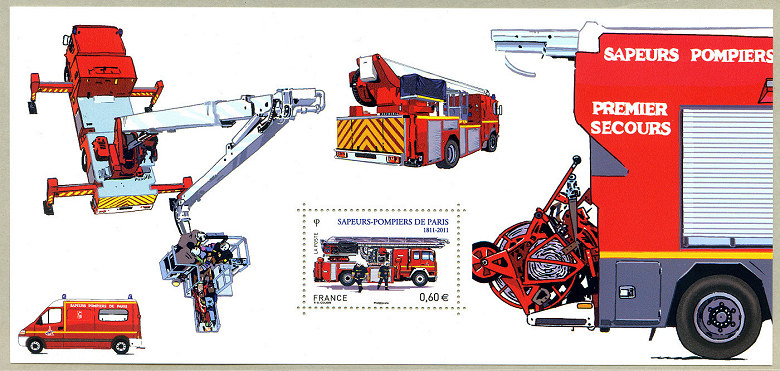 Image du timbre Souvenir philatélique - Camions, grande échelle, nacelle et ambulance