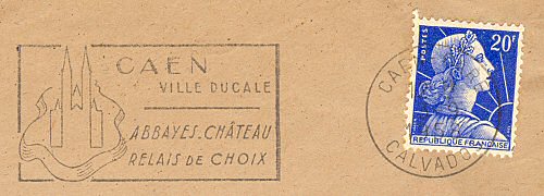 Flamme d´oblitération de Caen RP
«CAEN Ville ducale
Abbayes -  Châteaux
Relais de choix»