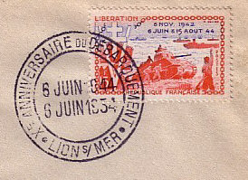 Timbre à date commémoratif de Lion sur mer
«Xème anniversaire du Débarquement 6 juin 1944 -6 juin 1954»