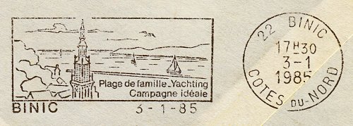 Flamme d´oblitération de Binic
«Plage de famille - Yachting - Campagne idéale»
 Flamme au dos d´une enveloppe suite à réexpédition