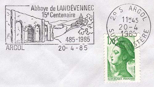 Flamme d´oblitération d'Argol
«Abbaye de Landévennec 15ème centenaire 485-1985»
