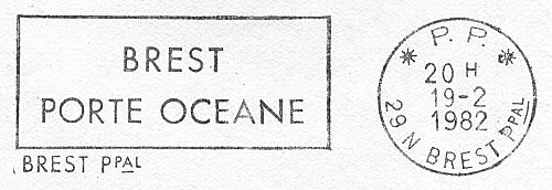 Flamme d´oblitération de Brest Principal avec timbre à date P.P. (Port Payé)
«BREST PORTE OCEANE»