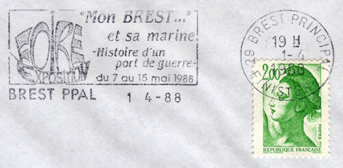Flamme d´oblitération de Brest Principal
«Mon Brest ... et sa marine - Histoire d'un port de guerre du 7 au 15 mai 1988»