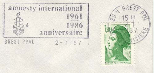 Flamme d´oblitération de Brest Principal
«Amnesty International 1961-1986  anniversaire»