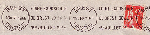 Flamme d´oblitération de Brest
«Foire exposition de Brest 20 juin- 1er juillet 1935»
