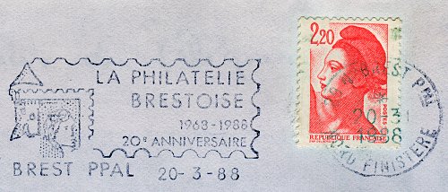 Flamme d´oblitération de Brest principal
«La philatelie brestoise 1963-1988 - 20e anniversaire»