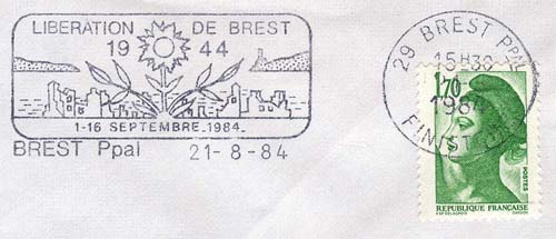 Flamme d´oblitération de Brest Principal
«Libération de Brest 1944 - 1-16 septembre 1984»