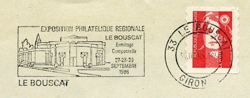 Flamme d´oblitération du Bouscat«Exposition philatélique régionale Ermitage Compostelle 27-28-29 septembre 1996»