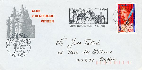 Lettre avec Oblitération premier jour Madame de Sévigné
Flamme d´oblitération du bureaude Vitré-République