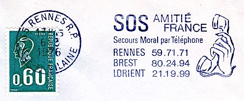 Flamme d´oblitération de Rennes R.P.
«SOS Amitié France - Secours moral par téléphone»