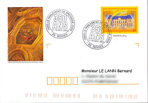 Prêt à poster des 350ans du parlement de Bretagne et timbre à date commémoratif de Rennes
