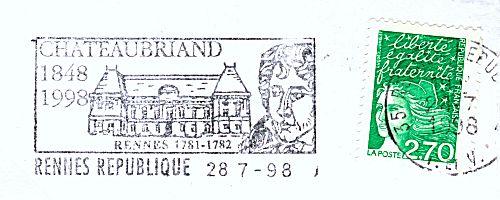 Flamme d´oblitération de Rennes
Chateaubriand (1848-1998)
Le Parlement de Bretagne (1781-1782)