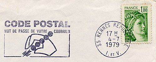 Flamme d´oblitération de Rennes République             
«CODE POSTAL - Mot de passe de votre courrier»