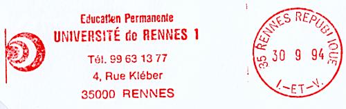Empreinte de la machine à affranchir du bureau de Rennes République
Université de Rennes I
4 rue Kléber
35000 RENNES