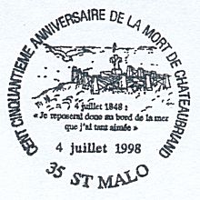 Saint Malo - Oblitération temporaire pour les
Cent cinquante ans de la mort de Chateaubriand