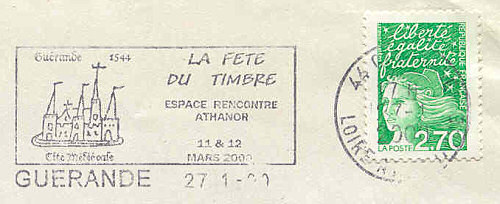 Flamme d´oblitération de Guérande
«Guérande 1544 cité médiévale - La fête du timbres Espace rencontre Athanor 11 & 12 mars 2000»