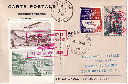 Carte postale avec timbres à date de La Baule, Pornichet et Paris R.P.
Journées aériennes de La Baule - Pornichet - Le Pouliguen
22-23 août 1936