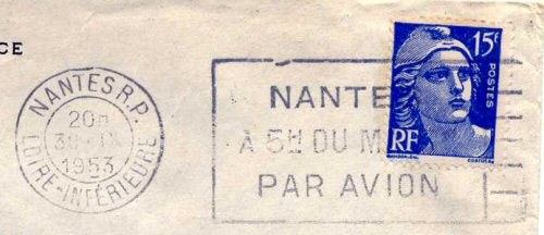 Flamme d´oblitération de Nantes R.P.
«Nantes à 5H du matin par avion»