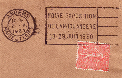 Flamme d´oblitération d'Angers
«Foire exposition de l'Anjou
Angers 18 - 29 juin 1930»