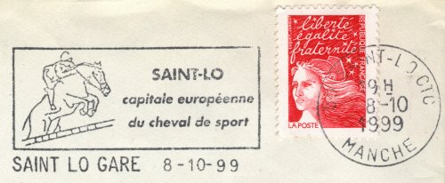 Oblitération de Saint Lô
« Capitale européenne du cheval»
La flamme porte la mention de St Lô Gare et le timbre à date celle de St-Lô CTC (c'est en fait le même établissement, seul le nom à changé...)