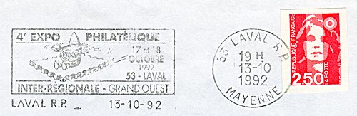 Flamme d´oblitération de Laval RP
«4e expo philatélique inter-régionale Grand-Ouest - 17-18 octobre 1992»