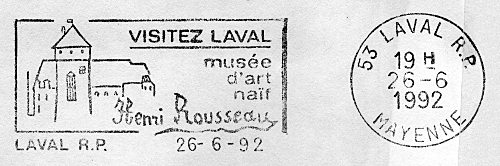 Flamme d´oblitération de Laval R.P.
«Visitez Laval - Musée d´art naïf - Henri Rousseau» 