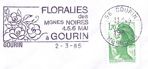 Flamme d´oblitération de Gourin
«Floralies des Montagnes Noires 4, 5, 6 mai à Gourin»