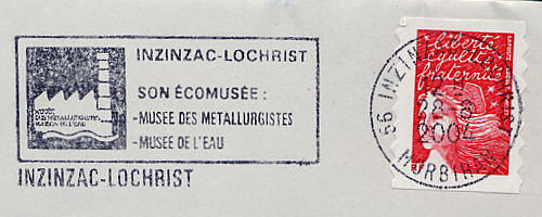 Flamme d´oblitération d'Inzinzac Lochrist
«Son écomusée: musée des métallurgistes, musée de l'eau»