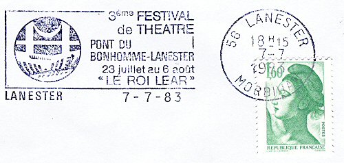 Flamme d´oblitération de Lanester
«3ème festival de théâtre Pont du Bonhomme-Lanester 23 juillet au 6 août  Le Roi Lear»