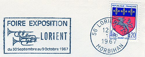 Flamme d´oblitération de Lorient
«Foire Exposition de Lorient du 30 septembre au 9 octobre 1967»
