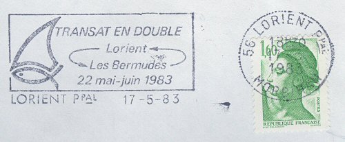 Flamme d´oblitération de Lorient
«Transat en double Lorient Les Bermudes 22 mai - juin  1983»
