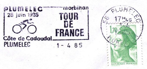 Flamme d´oblitération de Plumelec
«Plumelec Morbihan 28 juin 1985 Tour de France - côte de Cadoudal»