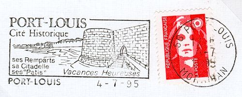 Flamme d´oblitération de Port-Louis
Cité historique, ses remparts, sa citadelle,
ses «pâtis» 
Vacances heureuses