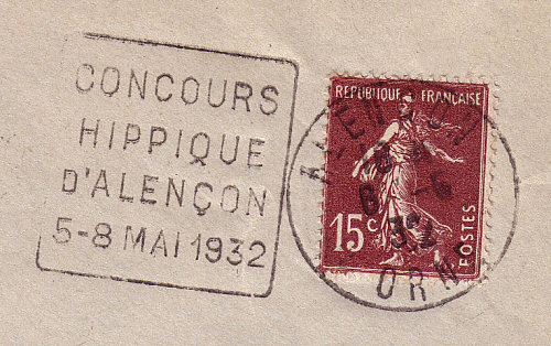 Flamme d´oblitération d'Alencon
«Concours hippique d'Alençon 5-8 mai 1932»