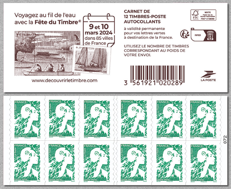Carnet de 12 timbres autoadhésifs pour lettres vertes de 20 g 
<br /> 
Voyagez au fil de l´reau avec la Fête du timbre 9 et 10 mars 2024