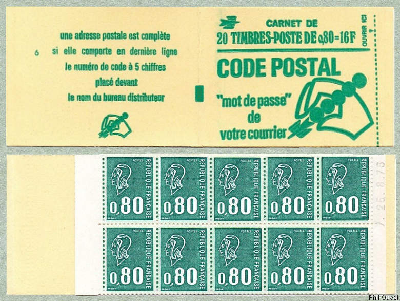 Carnet de 20 timbres à 80c verts gravés
<br />
CODE POSTAL 