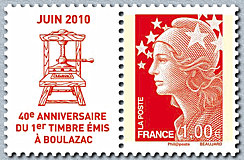 Marianne de Beaujard et vignette Juin 2010<br />40ème anniversaire du 1er timbre émis à Boulazac<br />Typographie