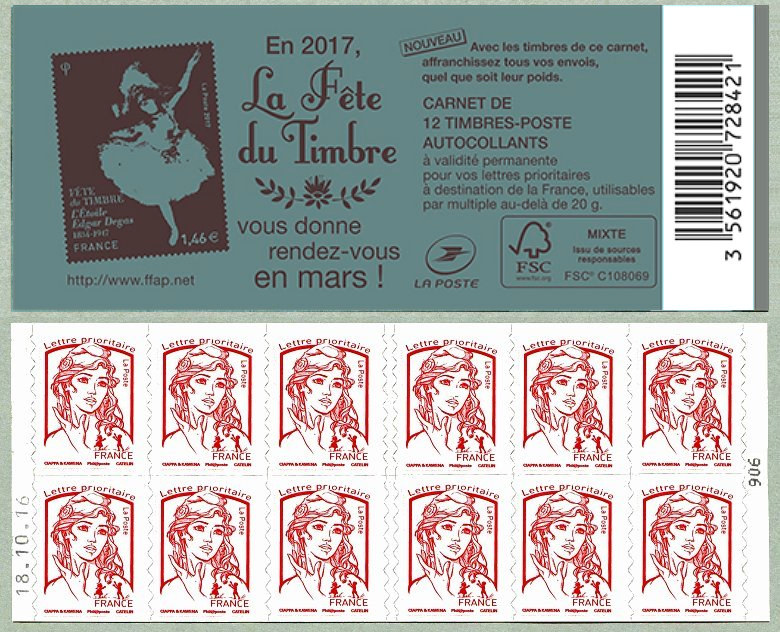 Image du timbre Carnet de 12 timbres pour lettre prioritaire de la Marianne de Ciappa et Kawena-« La Fête du Timbre ». Rendez-vous en mars 2017 !