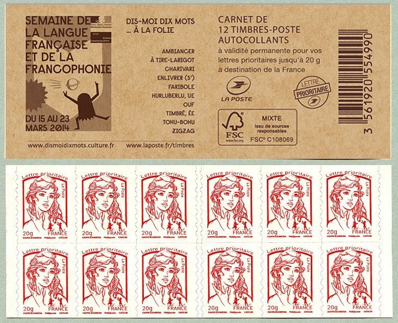 Carnet de 12 timbres pour lettre prioritaire de la Marianne de Ciappa et Kawena <br />« Semaine de la Langue Française et de  la Francophonie ». Du 15 au 23 mars 2014