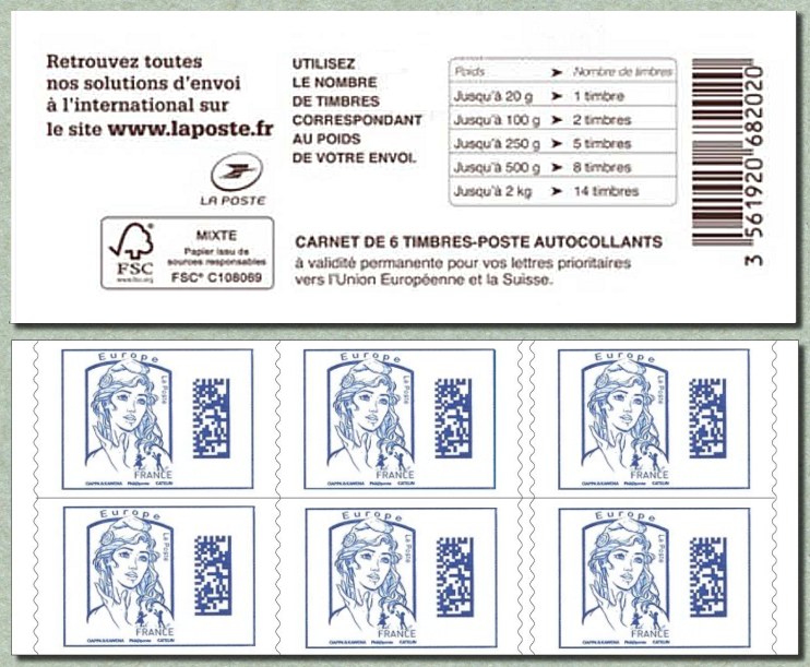 Marianne de Ciappa et Kawena Datamatrix Europe <br />Carnet de 6 timbres autoadhésifs pour l´Europe