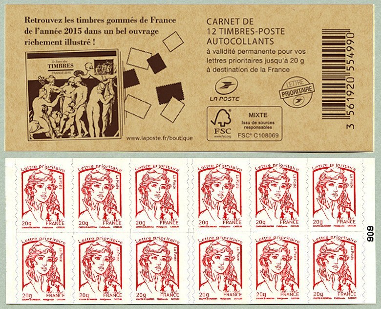 Carnet de 12 timbres pour lettre prioritaire de la Marianne de Ciappa et Kawena - Le livre des timbres 2015