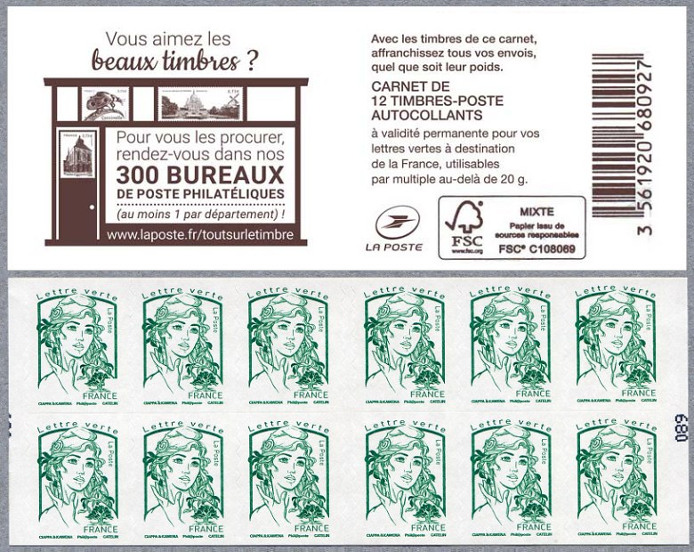 Carnet de 12 timbres pour lettre verte de la Marianne de Ciappa et Kawena <br />  Vous aimez les beaux timbres ?