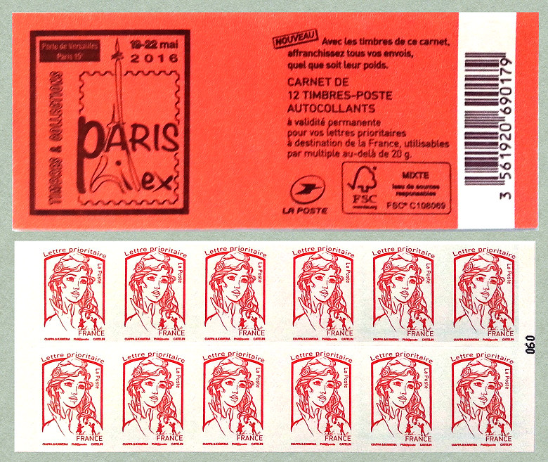 Carnet de 12 timbres pour lettre prioritaire de la Marianne de Ciappa et Kawena 
<br />
« Paris PHILEX 2016  du 19 au 22 mai 2016 »