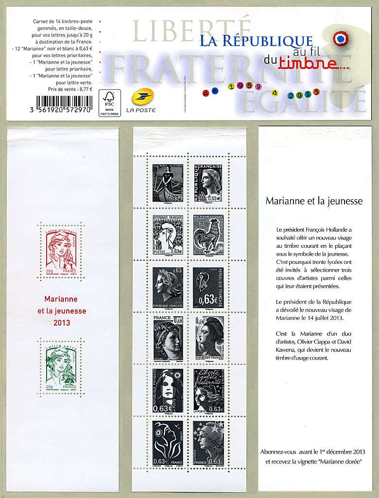 Carnet « La Vème République au fil du timbre de 1959 à 2013»<br /> Carnet en taille-douce gommé, à deux feuillets.