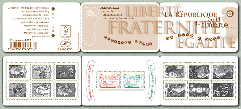 Bande-carnet  « La République au fil du timbre de 1959 à 2013»
   Bande-carnet  de timbres en taille-douce autoadhésifs.